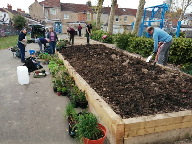 Volunteers planting in the new raised flower bed